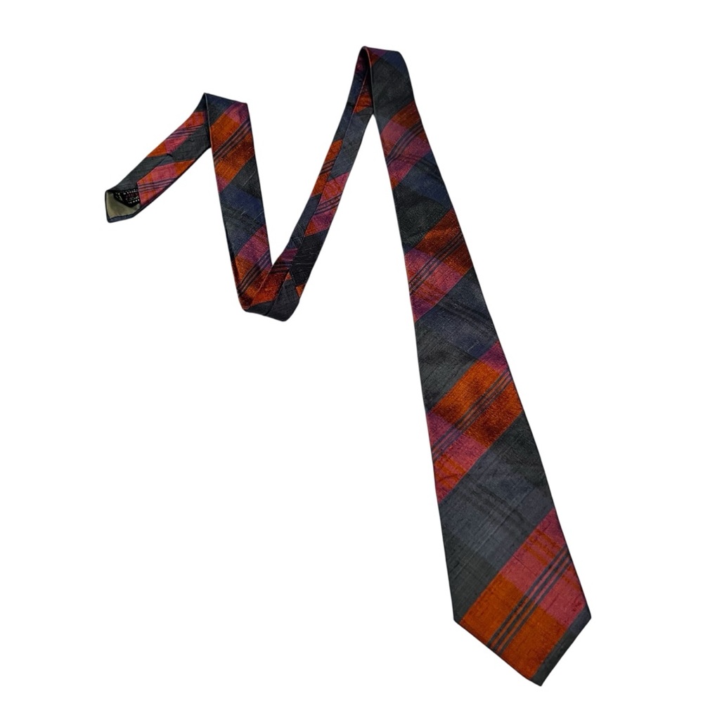 Saks Fifth Avenue‎ Silk Tie Hand Loomed Siam Plaid Stripe 52 Inch